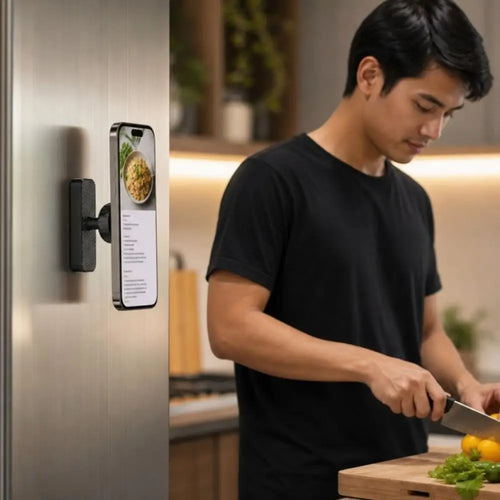Support téléphone magnétique Flexio fixé sur une barre de musculation